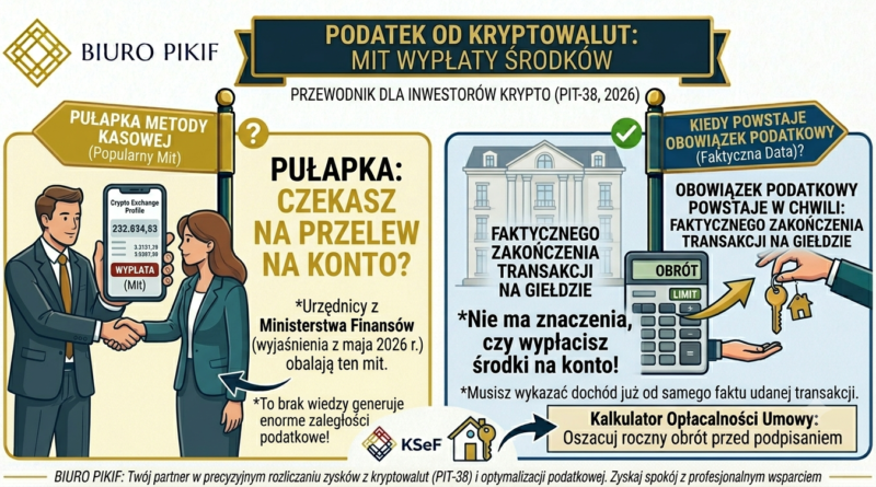 Infografika Biura Rachunkowego PIKIF w Lublinie prezentująca zasady rozliczania podatku PIT od wymiany kryptowalut na waluty tradycyjne (fiat) bez wypłaty środków na konto bankowe.