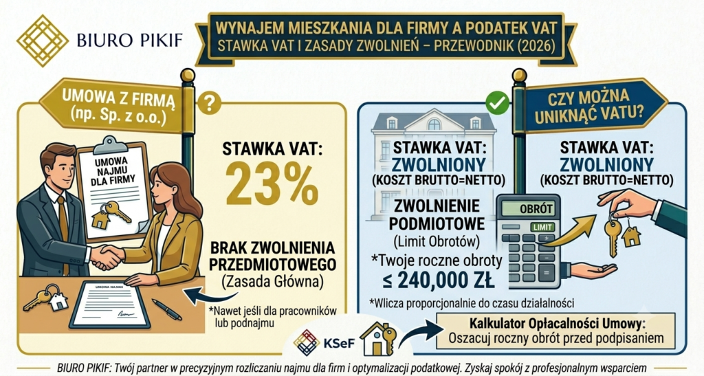 Infografika Biura Rachunkowego PIKIF w Lublinie ilustrująca zasady opodatkowania VAT przy wynajmie mieszkania dla firmy, stawkę 23% oraz limit zwolnienia podmiotowego 240 000 zł.