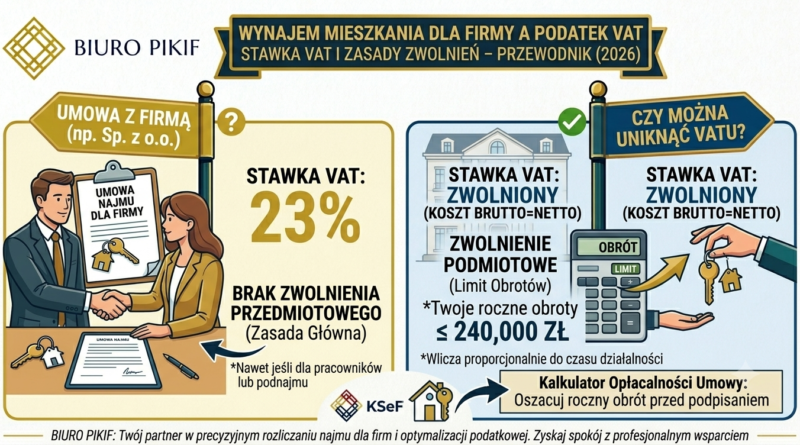 Infografika Biura Rachunkowego PIKIF w Lublinie ilustrująca zasady opodatkowania VAT przy wynajmie mieszkania dla firmy, stawkę 23% oraz limit zwolnienia podmiotowego 240 000 zł.
