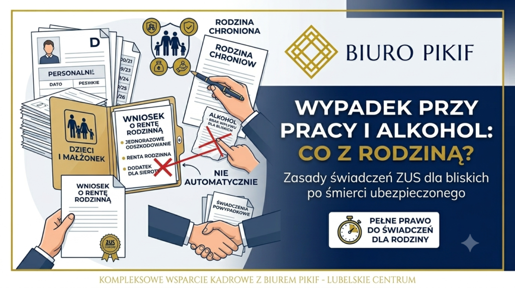 Infografika Biura Rachunkowego PIKIF w Lublinie prezentująca prawa rodziny do renty rodzinnej i odszkodowania z ZUS po śmiertelnym wypadku przy pracy pracownika pod wpływem alkoholu.