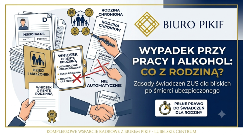 Infografika Biura Rachunkowego PIKIF w Lublinie prezentująca prawa rodziny do renty rodzinnej i odszkodowania z ZUS po śmiertelnym wypadku przy pracy pracownika pod wpływem alkoholu.