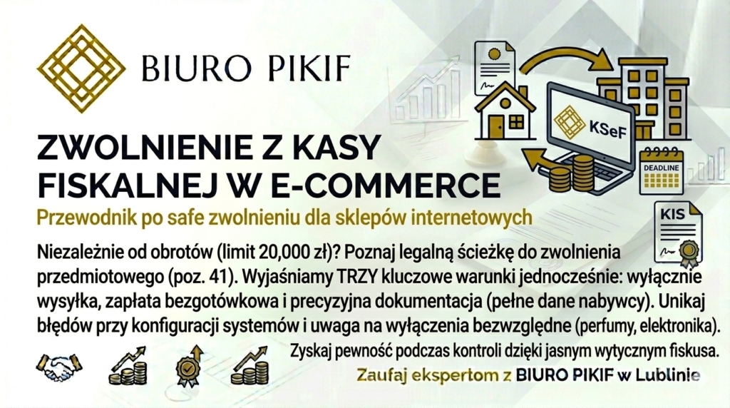 Infografika Biura Rachunkowego PIKIF w Lublinie prezentująca trzy filary zwolnienia z kasy rejestrującej przy sprzedaży wysyłkowej na rzecz osób fizycznych