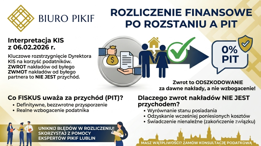 Infografika Biura Rachunkowego PIKIF w Lublinie wyjaśniająca zasady rozliczenia PIT po rozstaniu oraz zwrot nakładów majątkowych od byłego partnera na podstawie wyroku i interpretacji KIS z 2026 roku.