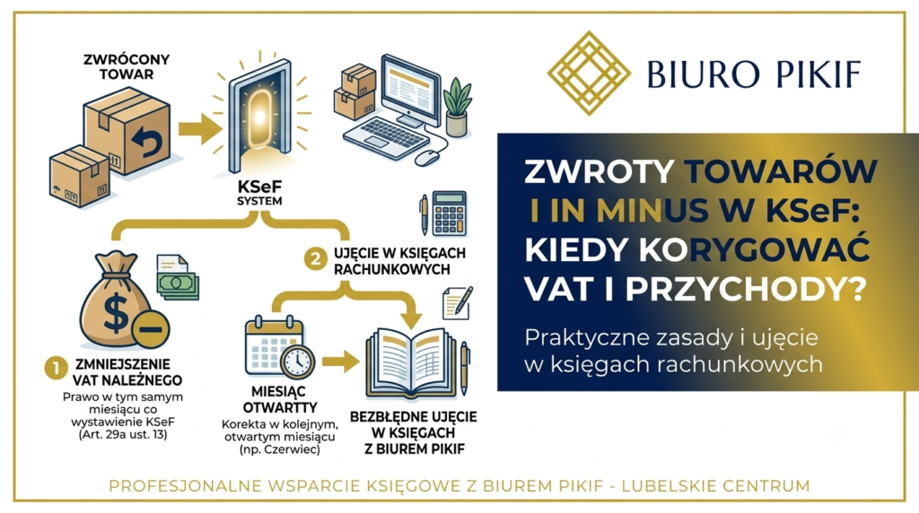 Infografika Biura Rachunkowego PIKIF w Lublinie prezentująca schemat księgowania zwrotu towarów oraz moment ujęcia faktury korygującej in minus w systemie KSeF.