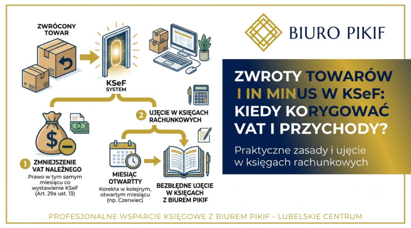 Infografika Biura Rachunkowego PIKIF w Lublinie prezentująca schemat księgowania zwrotu towarów oraz moment ujęcia faktury korygującej in minus w systemie KSeF.
