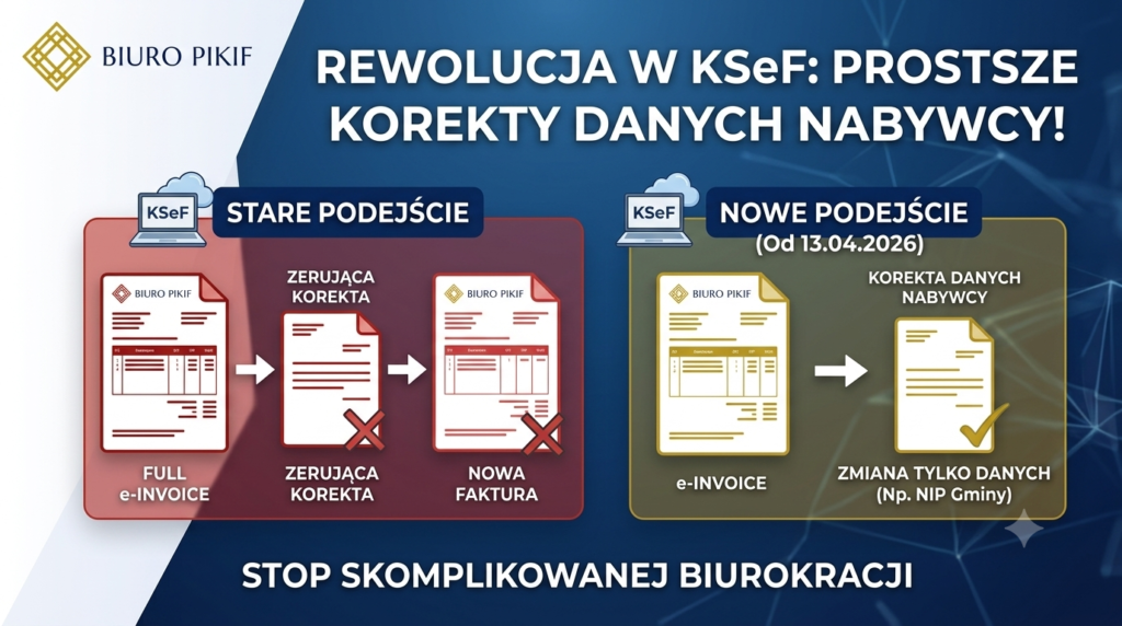 Infografika Biura Rachunkowego PIKIF w Lublinie wyjaśniająca nowe zasady korygowania danych nabywcy i błędnego NIP w KSeF bez wystawiania faktury zerującej.