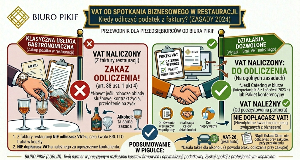 Infografika Biura Rachunkowego PIKIF w Lublinie przedstawiająca zasady rozliczania VAT od spotkania z kontrahentem w restauracji, zakaz odliczania usług gastronomicznych oraz wyjątek dla cateringu.