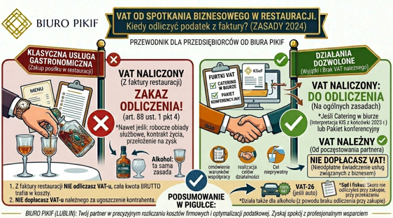 Infografika Biura Rachunkowego PIKIF w Lublinie przedstawiająca zasady rozliczania VAT od spotkania z kontrahentem w restauracji, zakaz odliczania usług gastronomicznych oraz wyjątek dla cateringu.